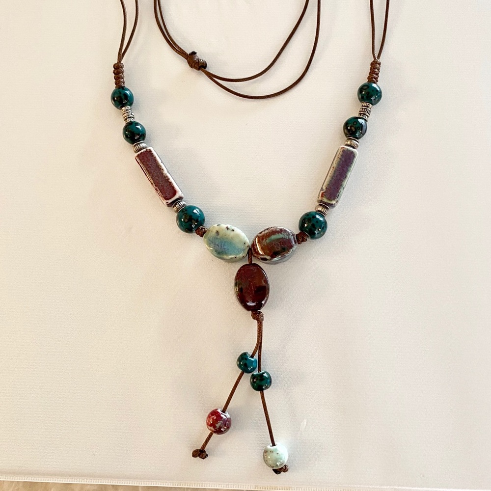 Teal Purple Ceramic Stone Statement Necklace - image 1